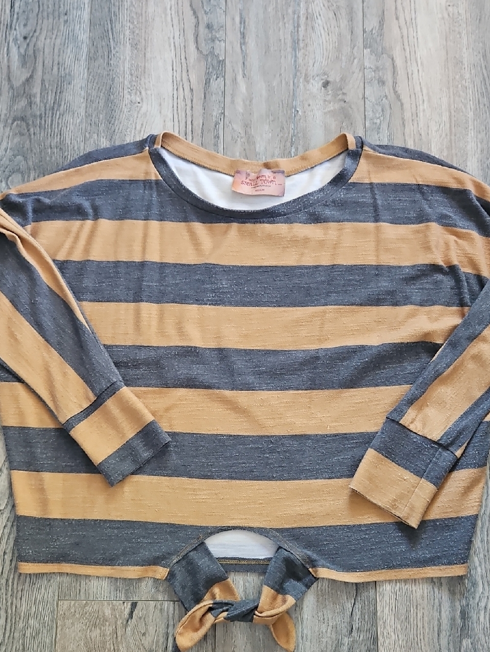 Striped Tie-Hem Womens Top in Mustard and Charcoal